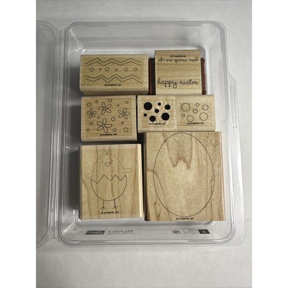 Stampin Up A Good Egg Wood Stamp Set of 7 Happy Easter, You crack me up, Chick - Picture 1 of 4